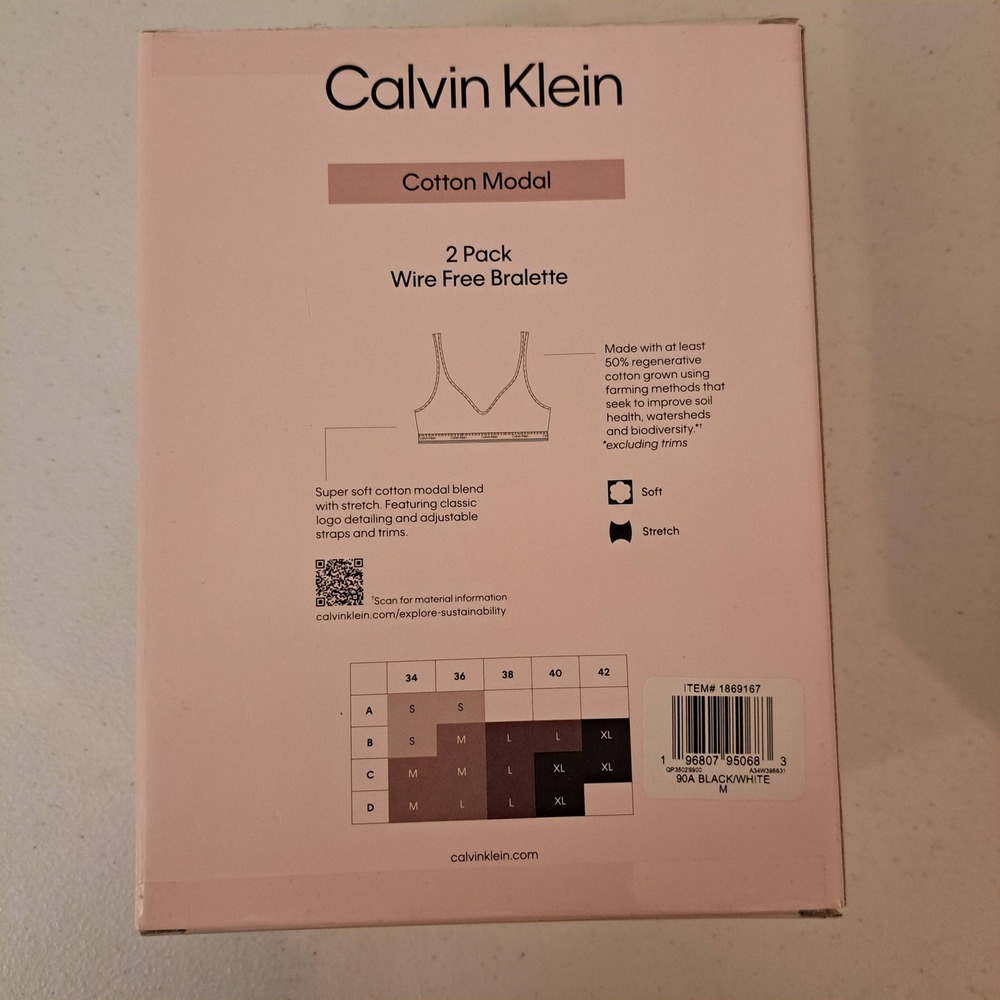 Calvin Klein Bralette 2Pack Womens M Black White New Wire Free Cotton 881-319-B8 - Picture 2 of 2